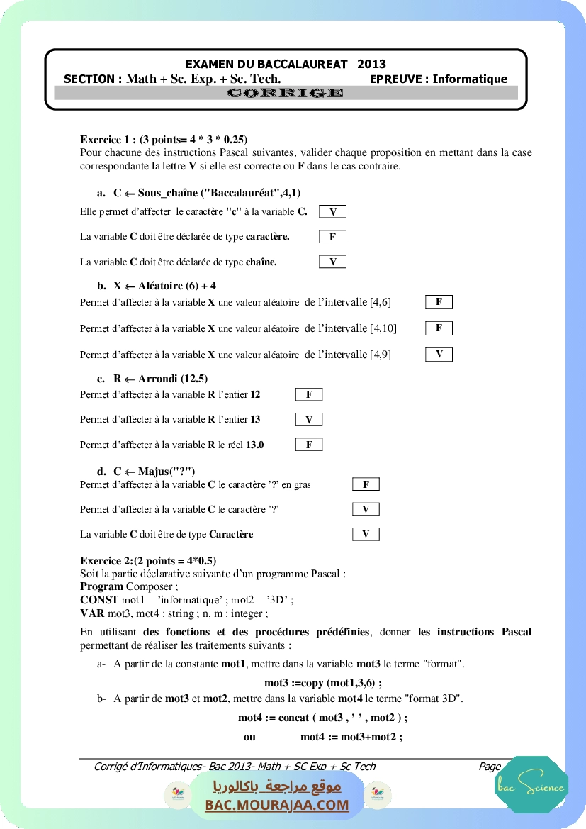 Corrigé principale info Bac 2013 – Section science